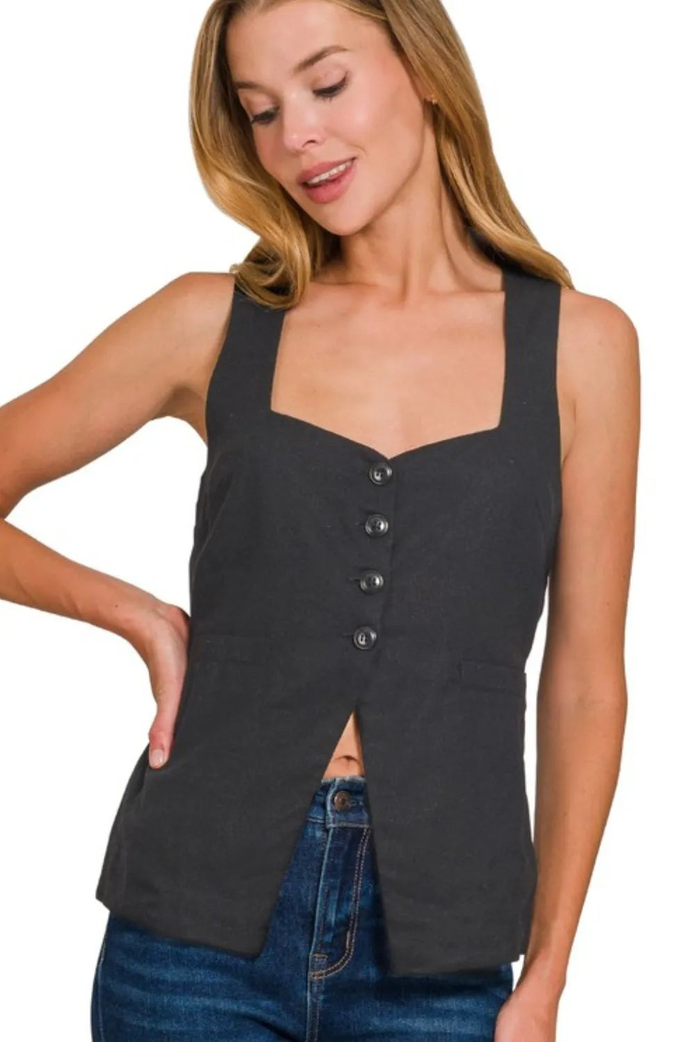 Zenana Linen Tie-back 4-button Vest with Lining
