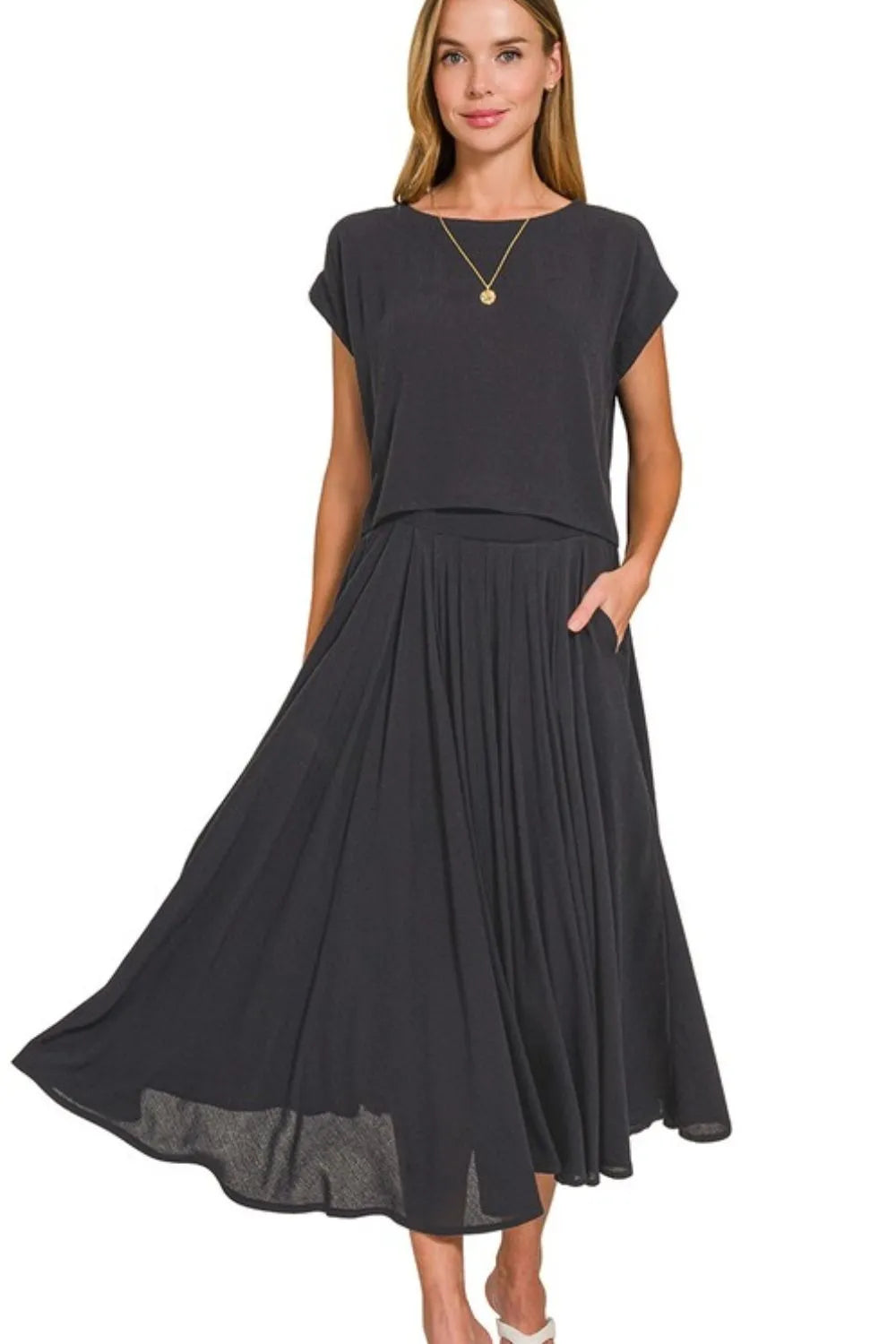 Zenana Woven Crinkle Gauze Crop Tee and Skirt Set, Black