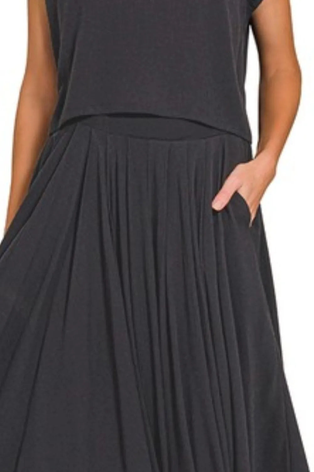 Zenana Woven Crinkle Gauze Crop Tee and Skirt Set, Black