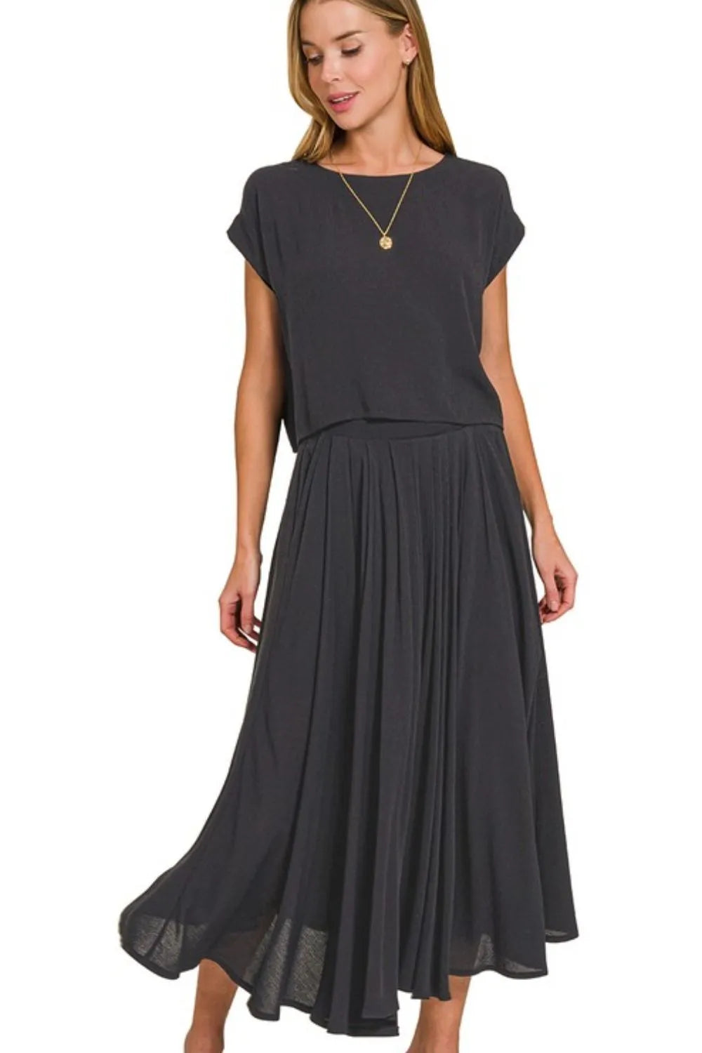 Zenana Woven Crinkle Gauze Crop Tee and Skirt Set, Black