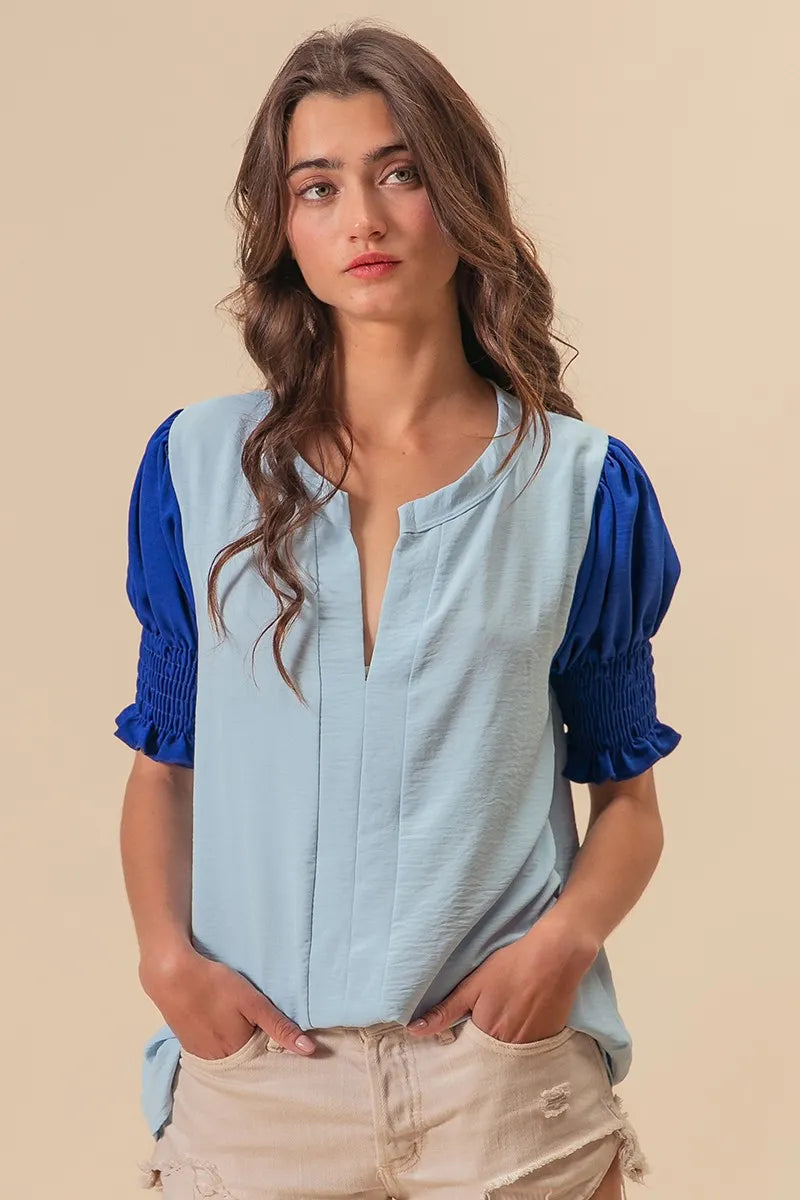 Air Flow Color Block Puff Sleeves V Neck Top-Shirt-Reef Love