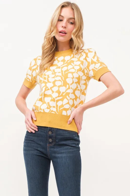 And The Why Short Sleeve Leaf Pattern Knit Top-Knit Short Sleeve Sweater-Reef Love