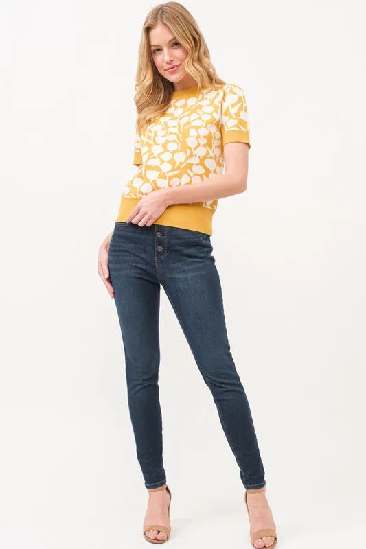 And The Why Short Sleeve Leaf Pattern Knit Top-Knit Short Sleeve Sweater-Reef Love