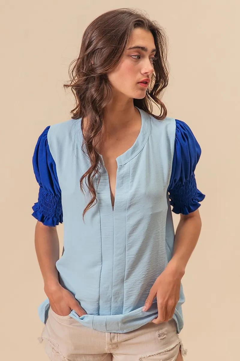 Air Flow Color Block Puff Sleeves V Neck Top-Shirt-Reef Love