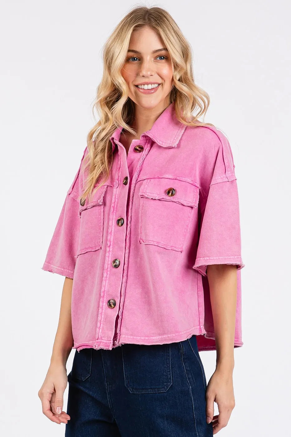 Mineral Wash Boxy Short Sleeve Button Down Shirt-Button Down Shirt-Reef Love