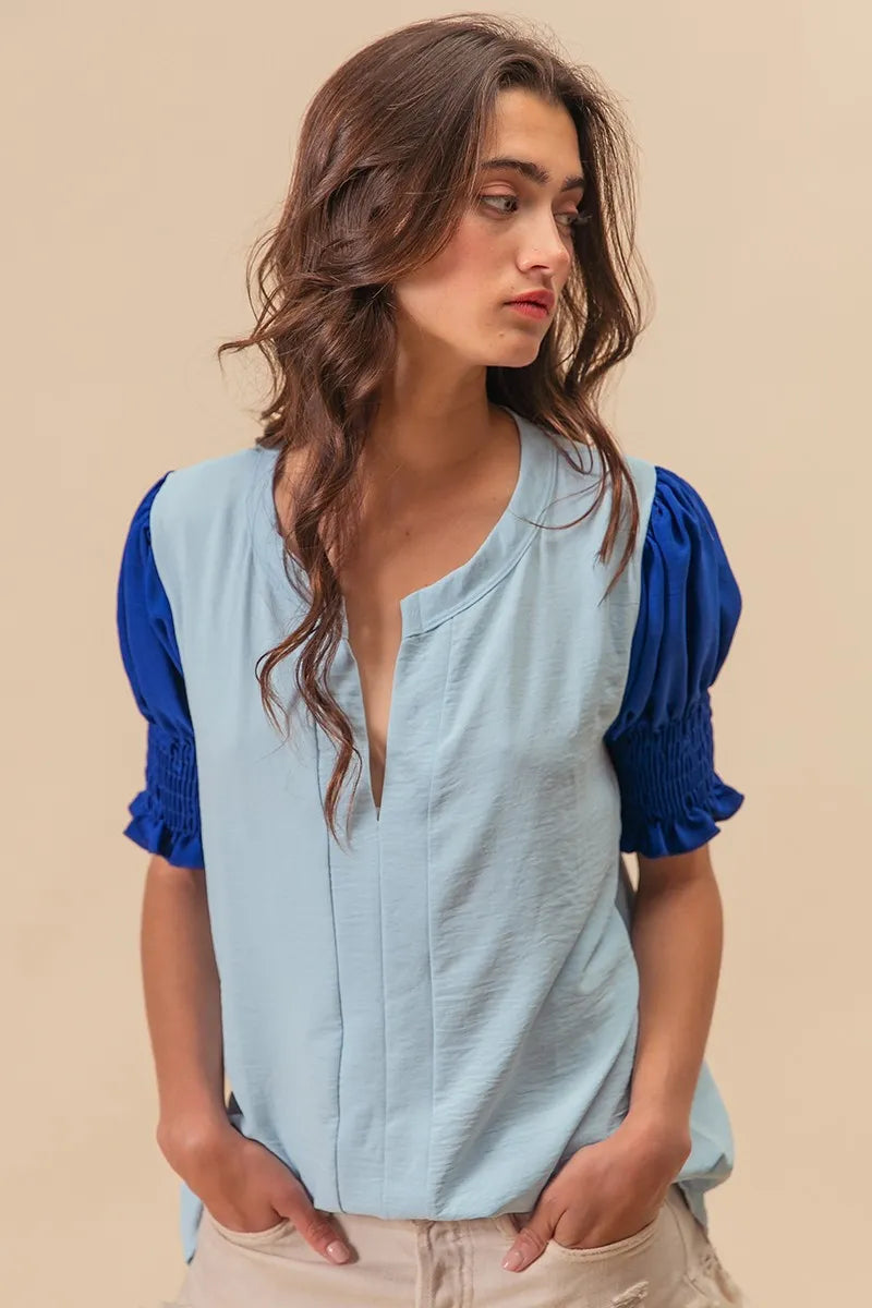 Air Flow Color Block Puff Sleeves V Neck Top-Shirt-Reef Love