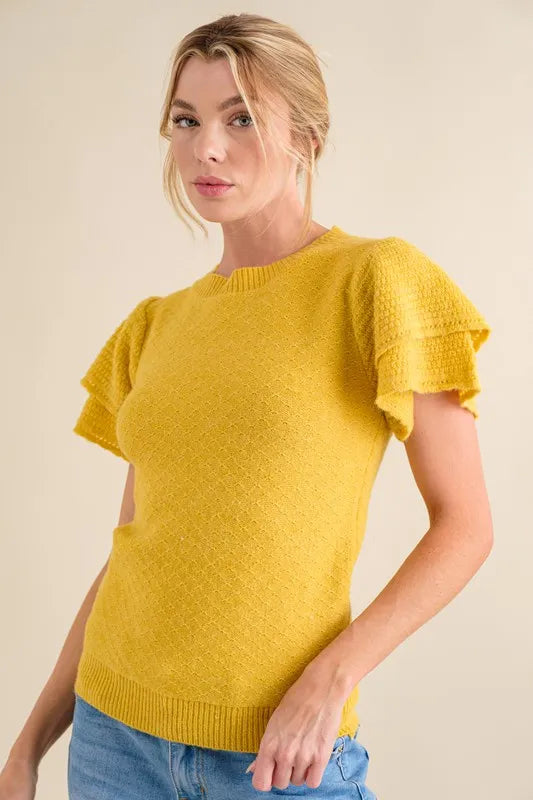 And The Why Double Layered Ruffle Sleeves Sweater Top-Knit Short Sleeve Sweater-Reef Love