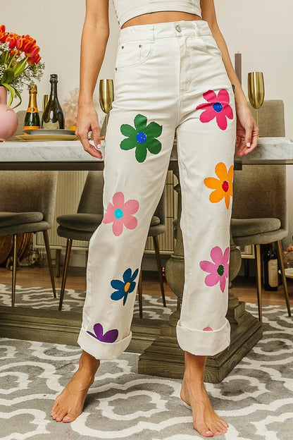 BiBi Flower Print Straight Legs Pants-pants-Reef Love