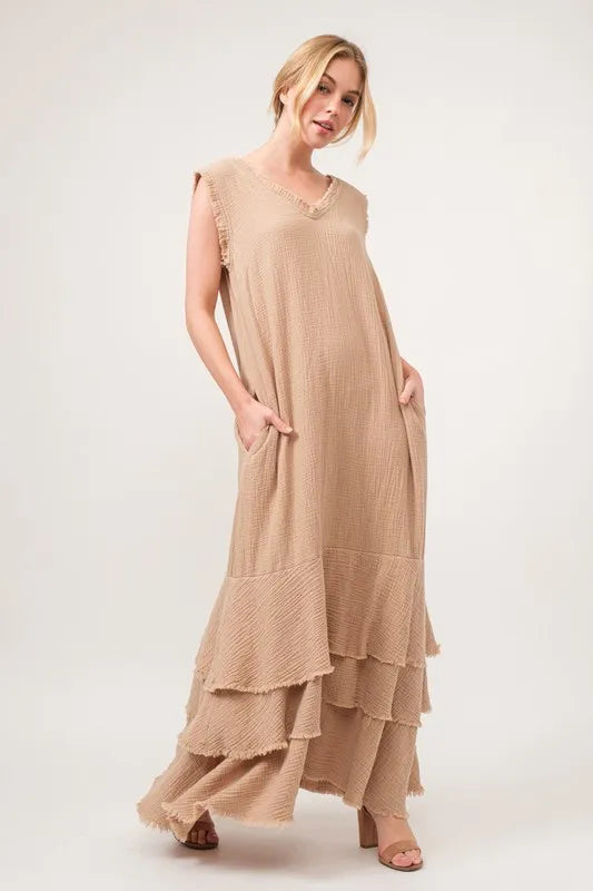 And The Why Washed Cotton Gauze Fringe Detail Tiered Dress-Maxi Dress-Reef Love