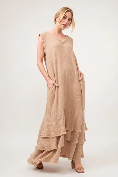 And The Why Washed Cotton Gauze Fringe Detail Tiered Dress-Maxi Dress-Reef Love