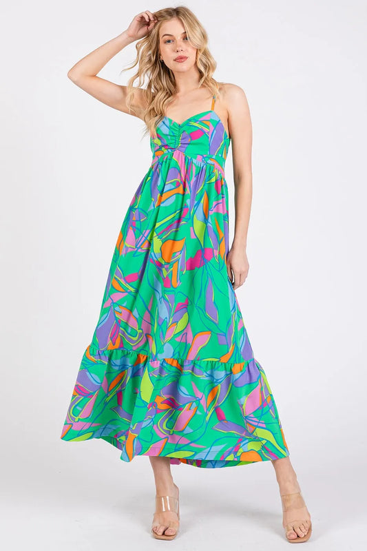 Multicolor Leaf Print Tie Back Maxi Dress in Green-Maxi Dress-Reef Love