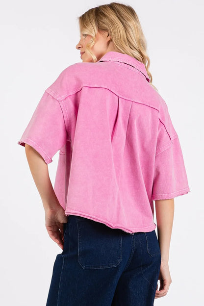 Mineral Wash Boxy Short Sleeve Button Down Shirt-Button Down Shirt-Reef Love
