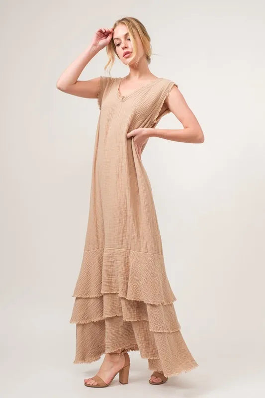 And The Why Washed Cotton Gauze Fringe Detail Tiered Dress-Maxi Dress-Reef Love