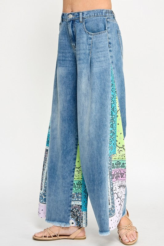 SAGE + FIG Raw Hem Paisley Print Side Wide Leg Jeans - Reef Love
