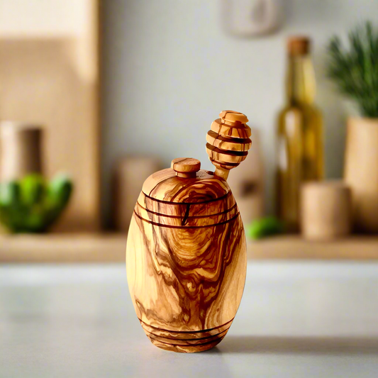 Olive wood honey pot with honey dipper