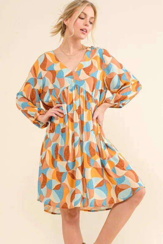 And The Why Printed Open Back Puff Sleeve Casual Dress-Dress-Reef Love