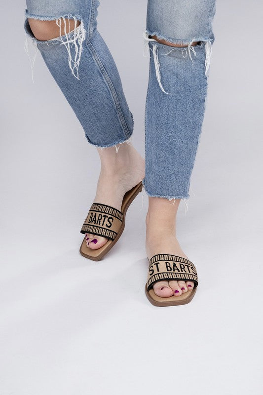 Women’s slide sandals beige and black with St Barts logo