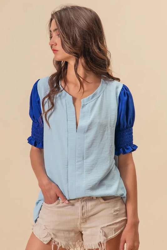 Air Flow Color Block Puff Sleeves V Neck Top-Shirt-Reef Love