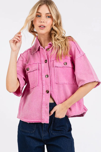 Mineral Wash Boxy Short Sleeve Button Down Shirt-Button Down Shirt-Reef Love