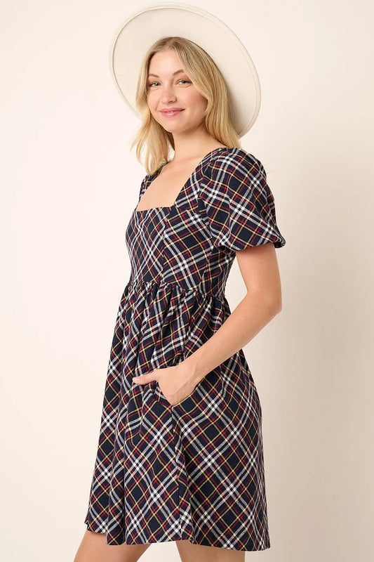 Mittoshop Checkered Print Puff Sleeve Babydoll Mini Dress-Dress-Reef Love