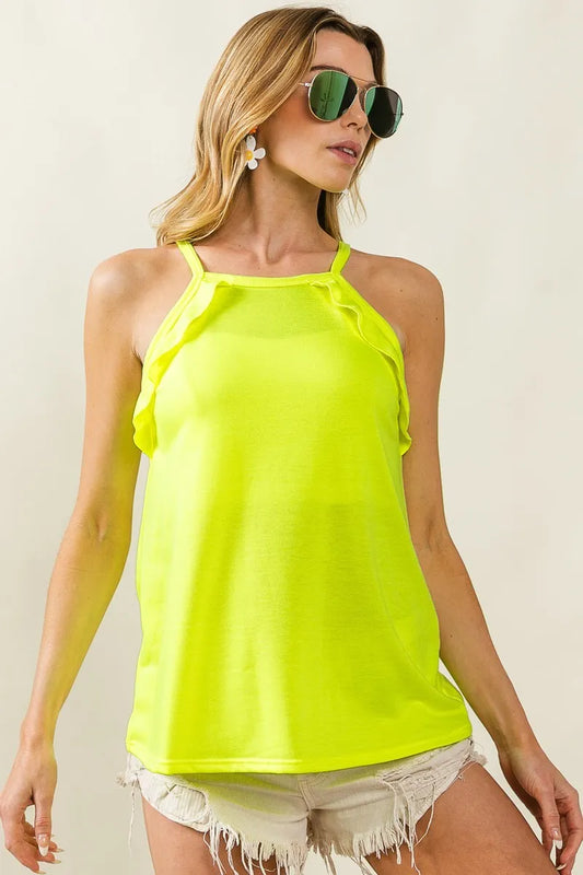 French Terry Knit Ruffled Neon Yellow Sleeveless Top-Tank Top-Reef Love