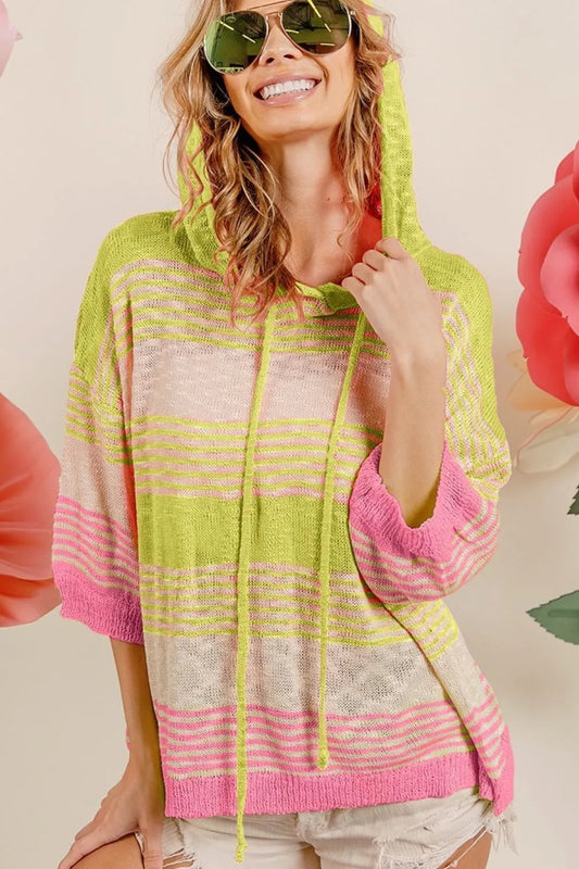Short Sleeve Stripe Low Gauge Knit Hoodie-Hoodie-Reef Love
