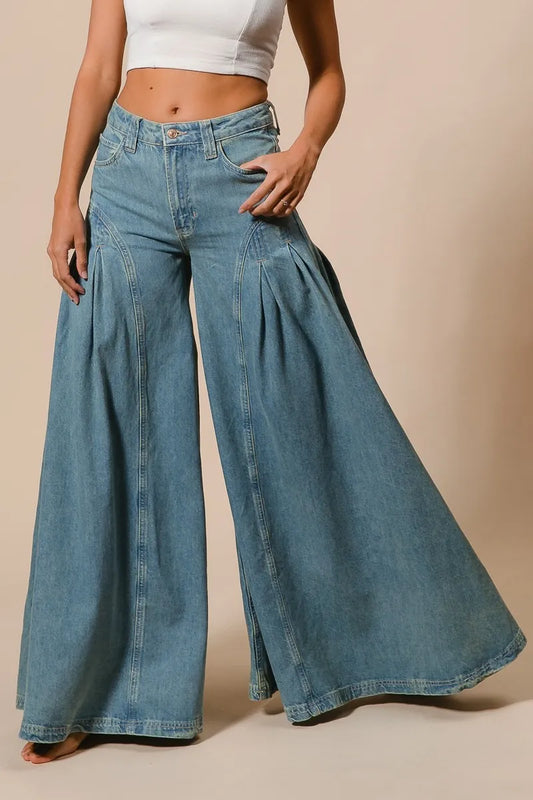 Pleated Detail Wide Leg Jeans-Jeans-Reef Love