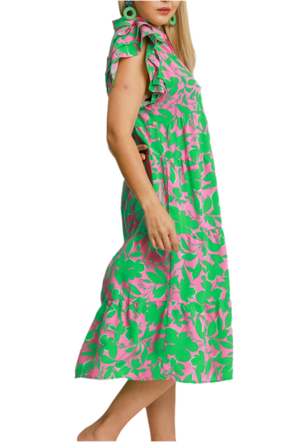 Tropics Collared Ruffle Cap Sleeve Midi Dress, Extended Sizes