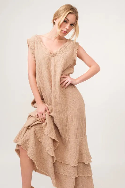 And The Why Washed Cotton Gauze Fringe Detail Tiered Dress-Maxi Dress-Reef Love