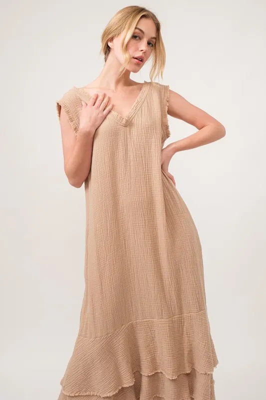 And The Why Washed Cotton Gauze Fringe Detail Tiered Dress-Maxi Dress-Reef Love