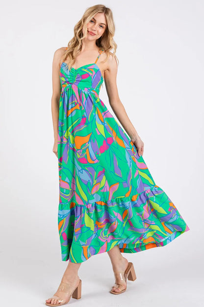 Multicolor Leaf Print Tie Back Maxi Dress in Green-Maxi Dress-Reef Love