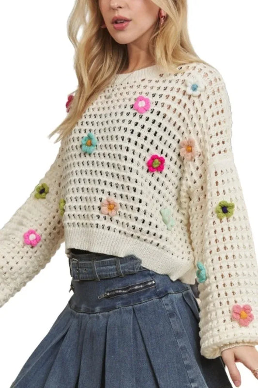 ADORA Floral Patch Crochet Crop Top-Open Knit Sweater-Reef Love