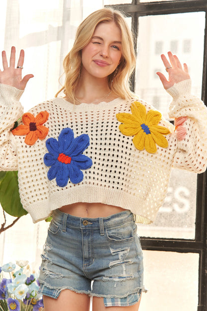 ADORA Floral Patch Sweater Crop Top-Open Knit Sweater-Reef Love