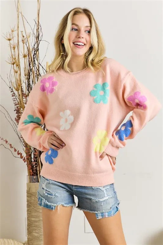 ADORA Full Size Flower Popped Sweater-Sweater-Reef Love