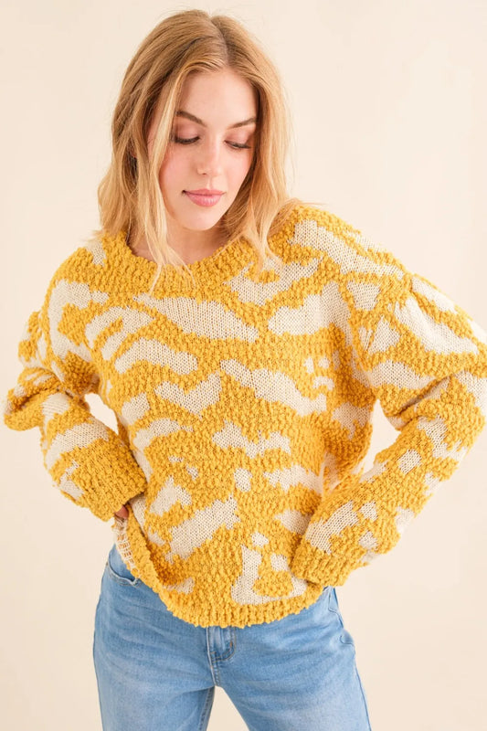And The Why Full Size Textured Pattern Contrast Sweater-Sweater-Reef Love