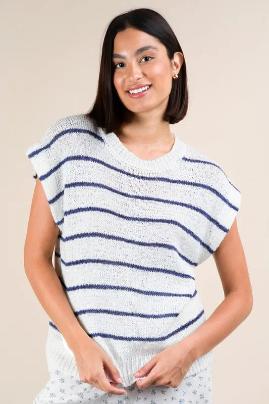 Blue Striped Knit Sweater Vest Top