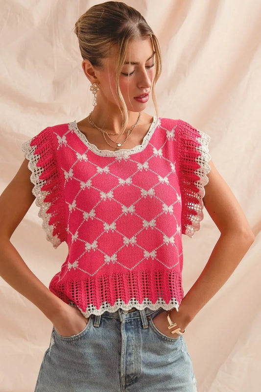 Bow Ribbon Pattern Sweater Top with Back Key Hole
