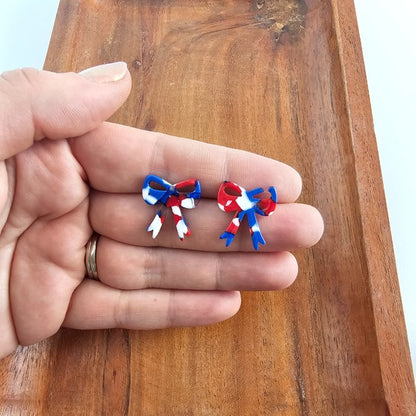Bow Stud Earrings - Red, White, and Blue, Hypoallergenic