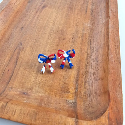 Bow Stud Earrings - Red, White, and Blue, Hypoallergenic