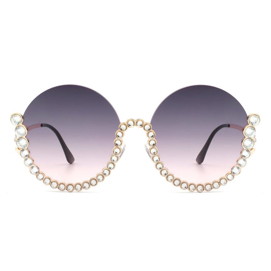 Women Circle Half Frame Oversize Rhinestone Fashion Round Sunglasses