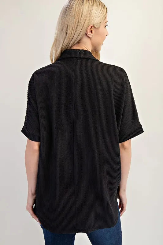 Celeste Rib Knit Collared Top with Striped Pockets, Black