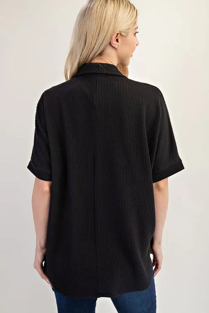 Celeste Rib Knit Collared Top with Striped Pockets, Black