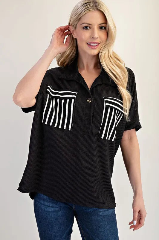 Celeste Rib Knit Collared Top with Striped Pockets, Black