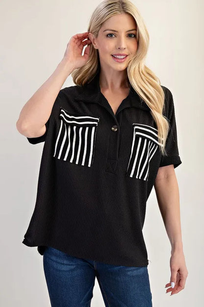 Celeste Rib Knit Collared Top with Striped Pockets, Black