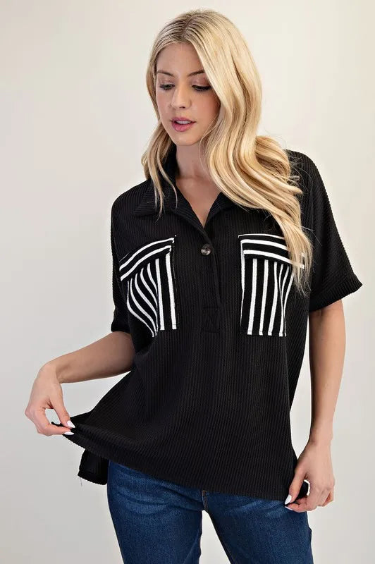 Celeste Rib Knit Collared Top with Striped Pockets, Black