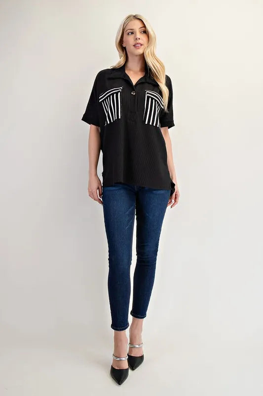 Celeste Rib Knit Collared Top with Striped Pockets, Black