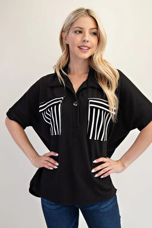 Celeste Rib Knit Collared Top with Striped Pockets, Black