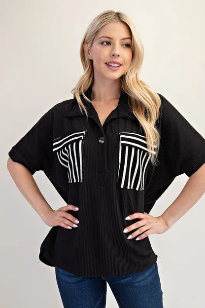 Celeste Rib Knit Collared Top with Striped Pockets, Black