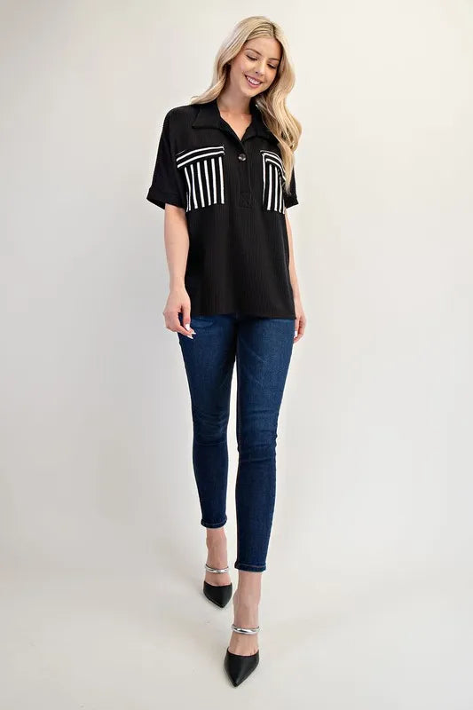 Celeste Rib Knit Collared Top with Striped Pockets, Black