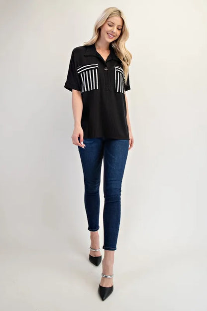 Celeste Rib Knit Collared Top with Striped Pockets, Black